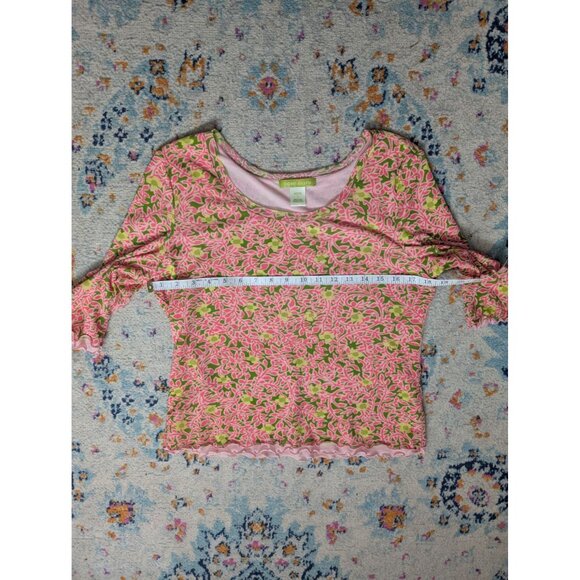 Sigrid Olsen Pink & Green Layered Mesh Lettuce Hem Floral Top - Petite L - Picture 6 of 10